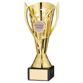 GOLD PLASTIC 'FLASH' CUP ON BLACK MARBLE ASSEMBLED TROPHY (1" CEN) - 7.25in